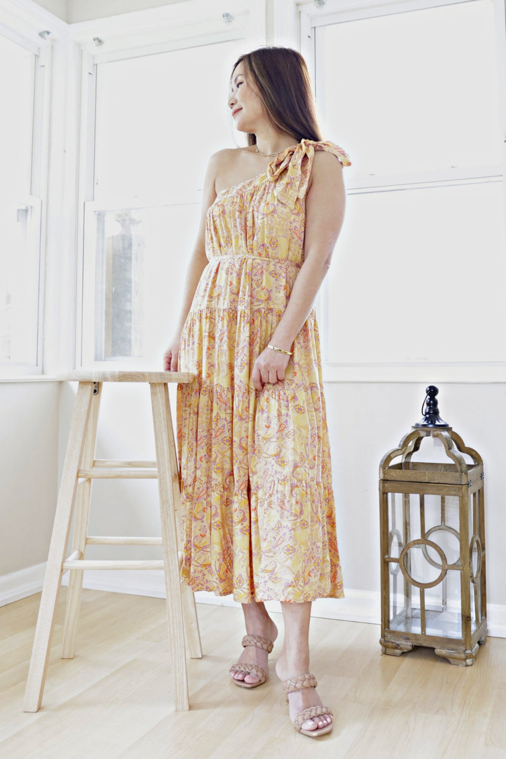 Petite One Shoulder Tiered A Line Midi Dress (Apricot Multi) – Petite ...