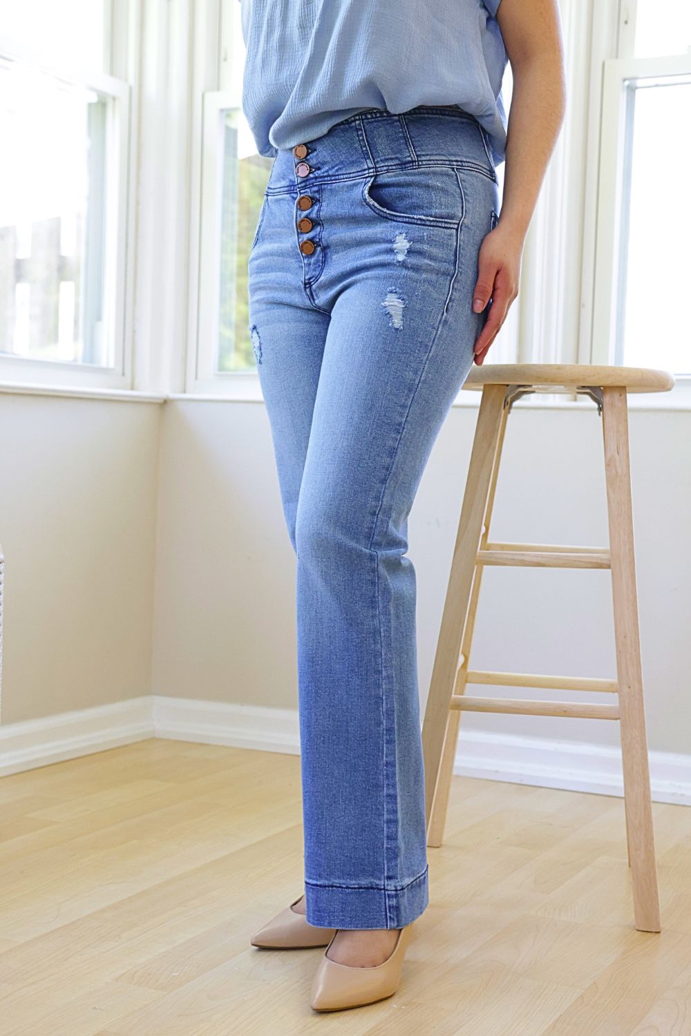 Petite High Waist Button Front Bootcut Jeans (Medium Wash) – Petite ...